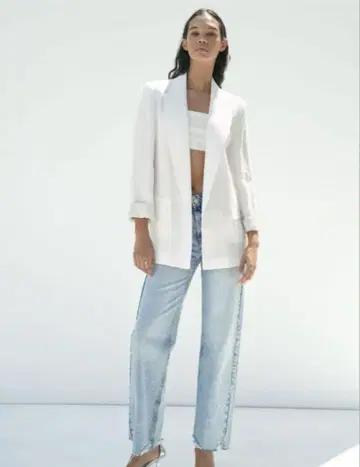 ZARA 프린트 커프스 린넨 블레이저 자켓 에크루 새상품급 남녀 공용