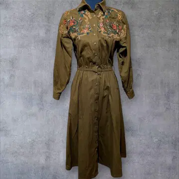 쇼와 레트로 자수 올리브 긴팔 셔츠 원피스 1점 한정 일본제 면 M