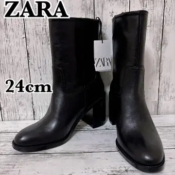 새상품 ZARA 숏부츠 블록힐 부츠 가죽 블랙 24cm