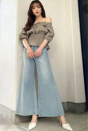 GYDA 슬릿 라이트 블루 와이드 데님 팬츠