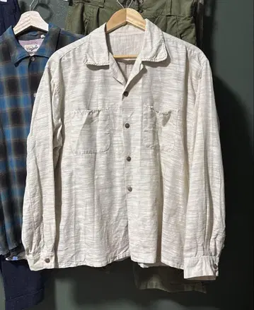 50s vintage 오픈 카라 셔츠 카스리 패턴 핸드 스티치