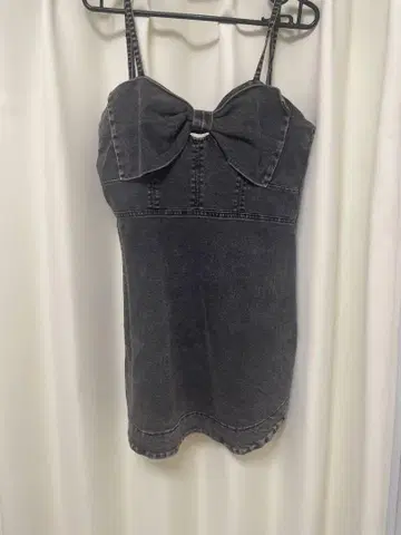 다크 그레이 데님 미니 원피스 리본 포함