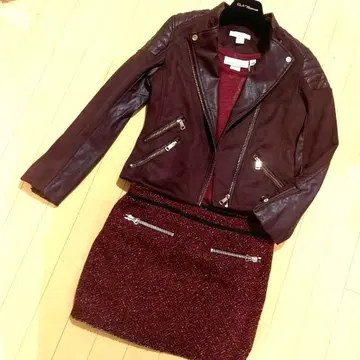 미사용 새상품 버건디 가죽 자켓 스커트, 이너 3종 세트!