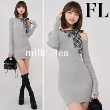 택 포함 새상품 다리치 체크 리본 원숄더 니트 미니 원피스 그레이 FL
