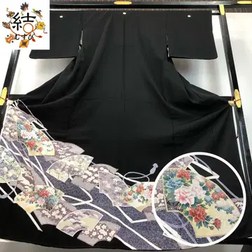 MK-1689 쿠로토메소데 지가니 새와 꽃 무늬 금 자수 블랙 컬러