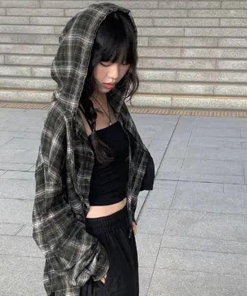 anyonemore 오버사이징 후드 부착 체크 셔츠