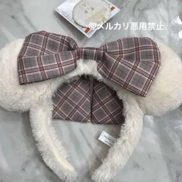 디즈니 크리스마스 릴린린 머리띠 퍼 귀 체크 리본