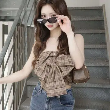 Darich 타탄 체크 리본 베어 탑