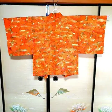 순수 실크 겉옷 오렌지 꽃무늬 안감도 멋스러움 쇼와 레트로