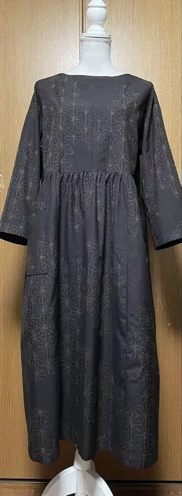기모노 리메이크 린넨 잎사귀 패턴 유키 쓰무기 허리 개더 원피스