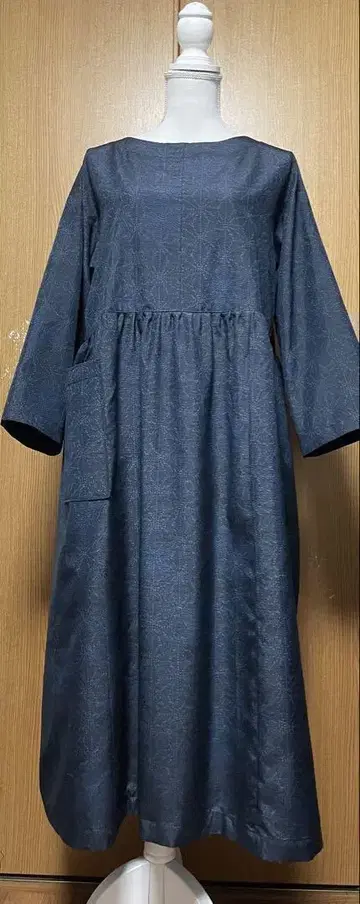 기모노 리메이크 남색 계열 린넨 아사노하 패턴 쓰무기 허리 개더 원피스