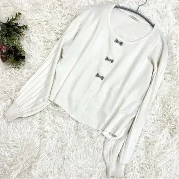 로즈 티아라 화이트 긴팔 니트 가디건 리본 장식 XL 빅 사이즈