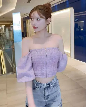 [ 최종 가격 인하 ] Rady 트위드 오프숄더 상의 라벤더 S 사이즈