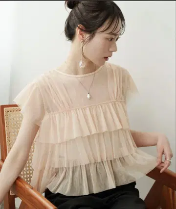 hinari 튤 프릴 프렌치 슬리브 상의 s 사이즈 핑크