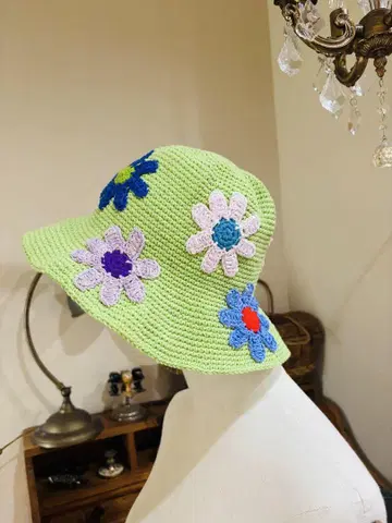 꽃무늬 자수 버킷 햇 라이트 그린