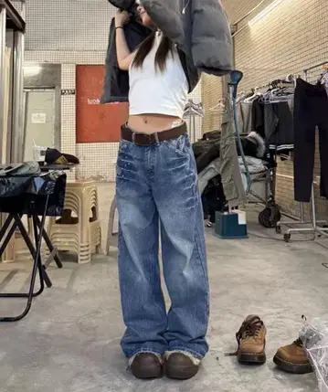 큐빅 와이드 레그 데님 블루