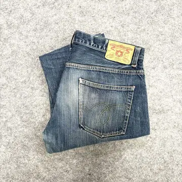 스트레이트 데님 다크 블루 빨간색 스티치