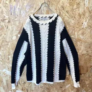 레어 Vintage 구제 의류 스트라이프 도킹 아란 니트 스웨터 M