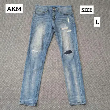 AKM 데미지 리페어 스트레치 데님 팬츠 블루 패치워크 L 새상품급