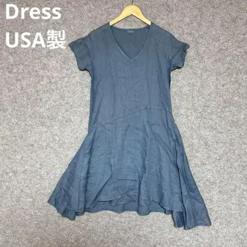 Dress 블루 계열 V넥 린넨 100% 반팔 원피스