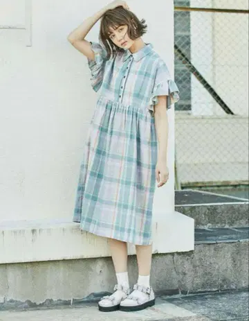 메리제니 파스텔 체크 프릴 반팔 원피스 merryjenny