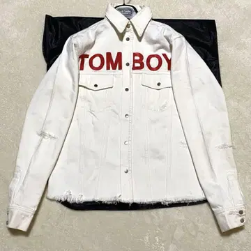 [고품질] TOMBOY 데님 자켓 빅 로고 자수 데미지 가공 화이트 XS