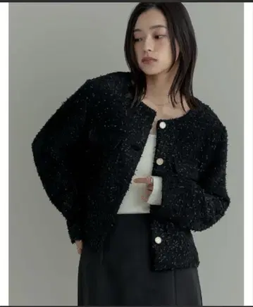 리디 새상품급 보아 리본 금장 버튼 노카라 트위드 자켓 여성용 M 블랙