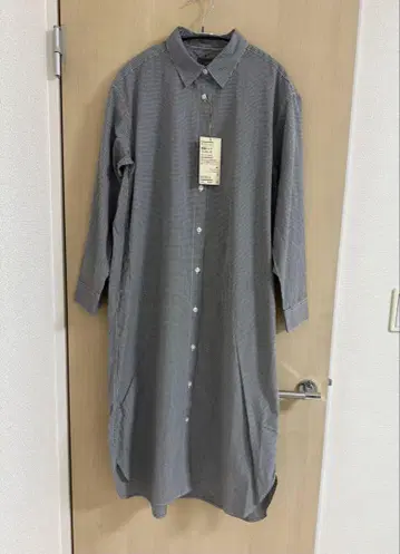 MUJI 무인 세탁한 브로드 긴팔 셔츠 원피스 S 그레이 체크
