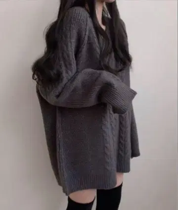 Nia(니아) 케이블 짜임 V넥 미니 니트 원피스 오버 사이즈 니트