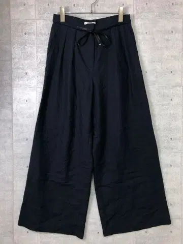 DIRECTORE 구제 의류 허리 새틴 리본 마 혼방 투 턱 와이드 팬츠