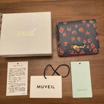 뮤베일 딸기 이단 접이식 지갑 딸기 네이비 핑크 소가죽 가죽 지갑