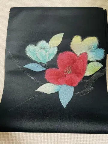 나고야 오비 블랙 베이스 꽃무늬 자수