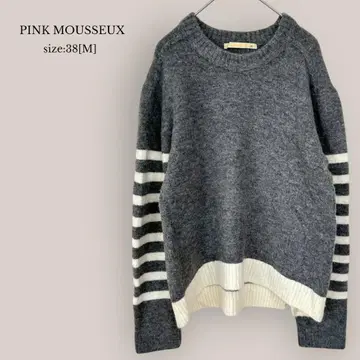 핑크무쑤 PINK MOUSSEUX 크루넥 니트 보더 배색 그레이