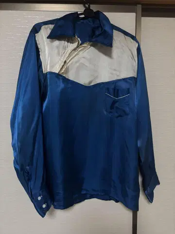 빈티지 80s? 바이컬러 새틴 긴팔 셔츠 파랑 x 화이트