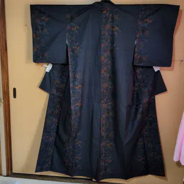 다크 블루 꽃무늬 기모노 오시마 명주