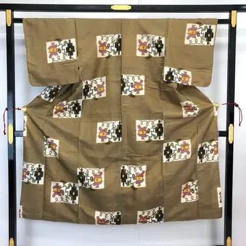 앤티크 기모노 메이센 사각 추상 패턴 딥 그린 컬러 AK-5033