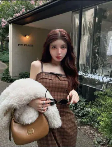 다리치 가죽 리본 체크 롱 원피스