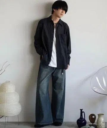 wym 최신작 CURVED FLARE BAGGY DENIM 인디고 블루