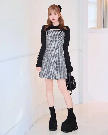 미셸 마카롱 깅엄 체크 원피스 세트 XS