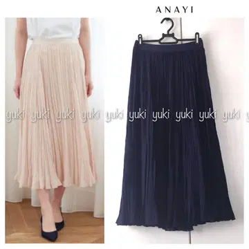 ANAYI 도트 자수 플리츠 스커트 36 네이비