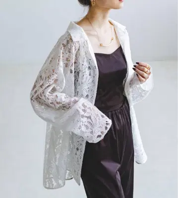 NOBLE 보태니컬 레이스 오픈 카라 셔츠