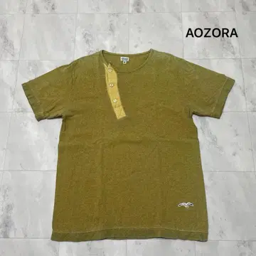 AOZORA 아오조라 셔츠 반팔 헨리넥 사선 버튼 자수 로고