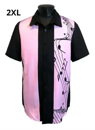 2XL 음표 패턴 셔츠 반팔 핑크 블랙 로카빌리 오선 재즈 피아니스트
