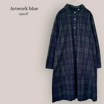 아트 워크 블루 Artwork blue 셔츠 원피스 체크 무릎 기장