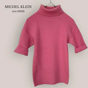 미쉘클랑 MICHEL KLEIN 하이넥 리브 스웨터 5부 소매 핑크