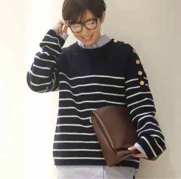 두지엠 클라세 보더 니트 풀오버 금장 버튼 네이비