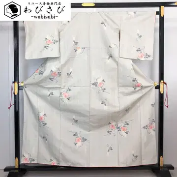 츠무기 기모노 빨간 꽃 무늬 깃털 패턴 떡갈나무색 K-4150