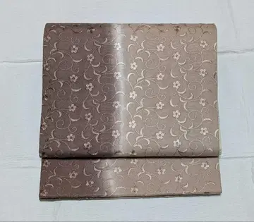연한 브라운 꽃무늬 후쿠로 오비 긴 길이 넉넉한 순수 실크 리버서블 전통