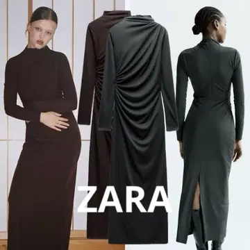 ZARA 자라 드레이프 디테일 미디 기장 원피스 다크 그린 S