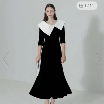 LEJA/배색 비대칭 빅 칼라 벨로아 머메이드 실루엣 드레스 결혼식